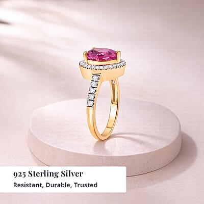 D'Joy Lab Created Pink Sapphire and White Zircon 5.00 ctw Heart Ring in 18K Vermeil Yellow Gold Over Sterling Silver (Size 10.0)