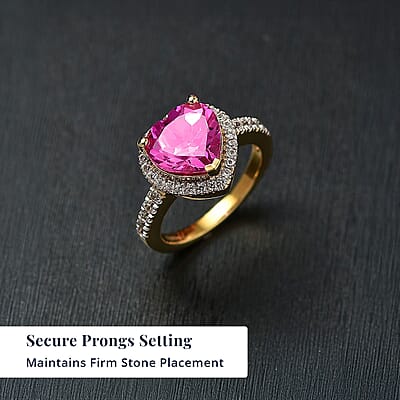 D'Joy Lab Created Pink Sapphire and White Zircon 5.00 ctw Heart Ring in 18K Vermeil Yellow Gold Over Sterling Silver (Size 10.0)