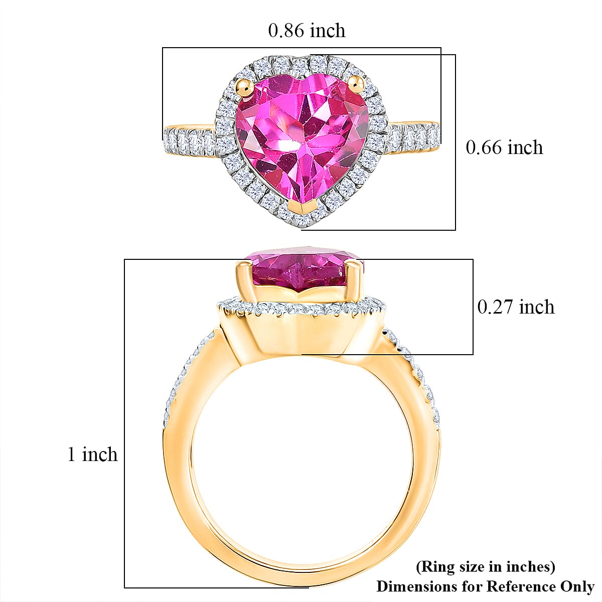 D'Joy Lab Created Pink Sapphire and White Zircon 5.00 ctw Heart Ring in 18K Vermeil Yellow Gold Over Sterling Silver (Size 10.0) image number 5