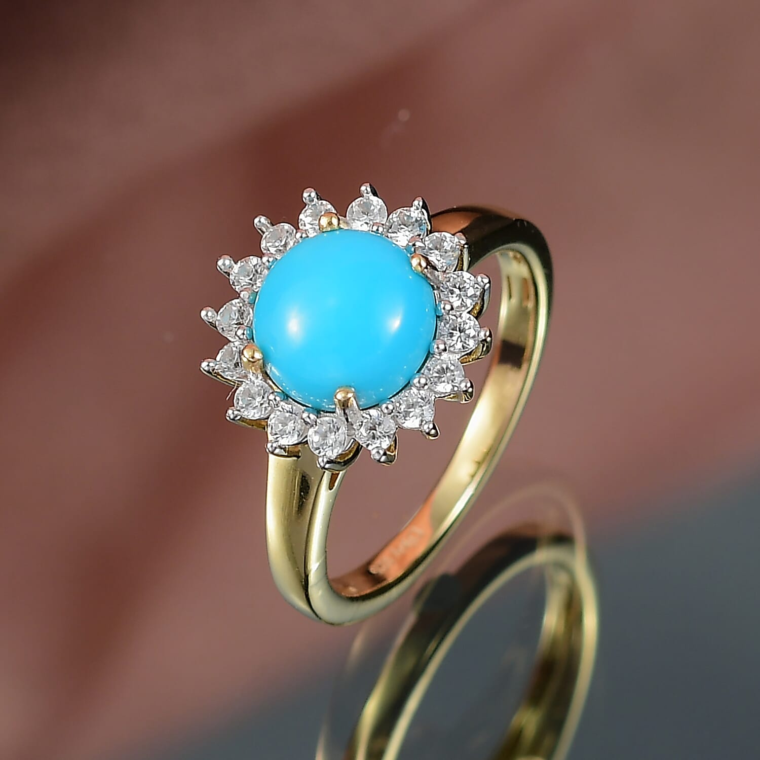 D'Joy Premium Sleeping Beauty Turquoise and White Zircon 2.40 ctw Ring in 18K Vermeil Yellow Gold Over Sterling Silver (Size 8.0)