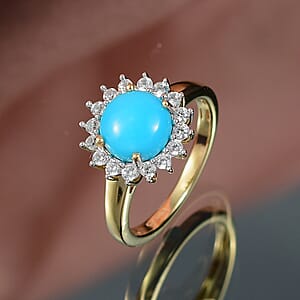 D'Joy Premium Sleeping Beauty Turquoise and White Zircon 2.40 ctw Ring in 18K Vermeil Yellow Gold Over Sterling Silver (Size 8.0)