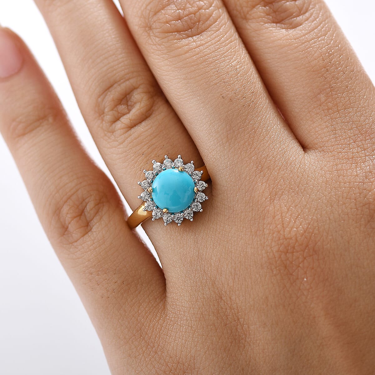 D'Joy Premium Sleeping Beauty Turquoise and White Zircon 2.40 ctw Ring in 18K Vermeil Yellow Gold Over Sterling Silver (Size 8.0) image number 2