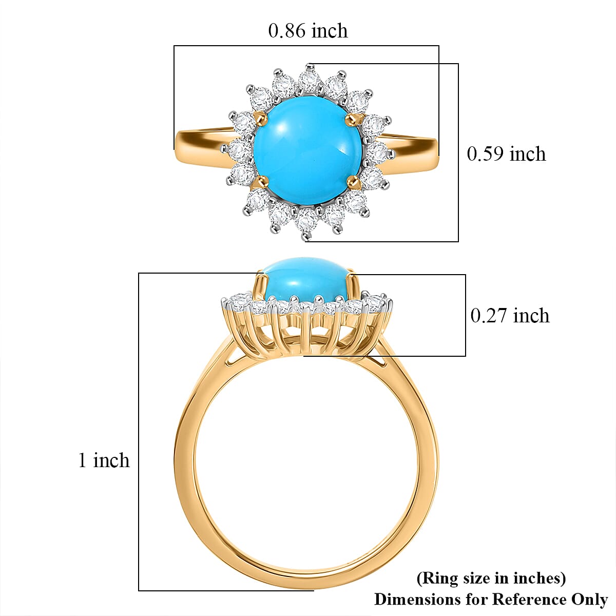 D'Joy Premium Sleeping Beauty Turquoise and White Zircon 2.40 ctw Ring in 18K Vermeil Yellow Gold Over Sterling Silver (Size 8.0)
