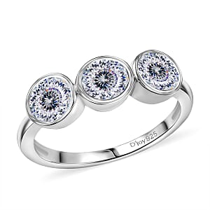 D'Joy 100 Facet Moissanite (Rnd 5mm) Ring in Rhodium Over Sterling Silver (Size 8.0) 1.35 ctw