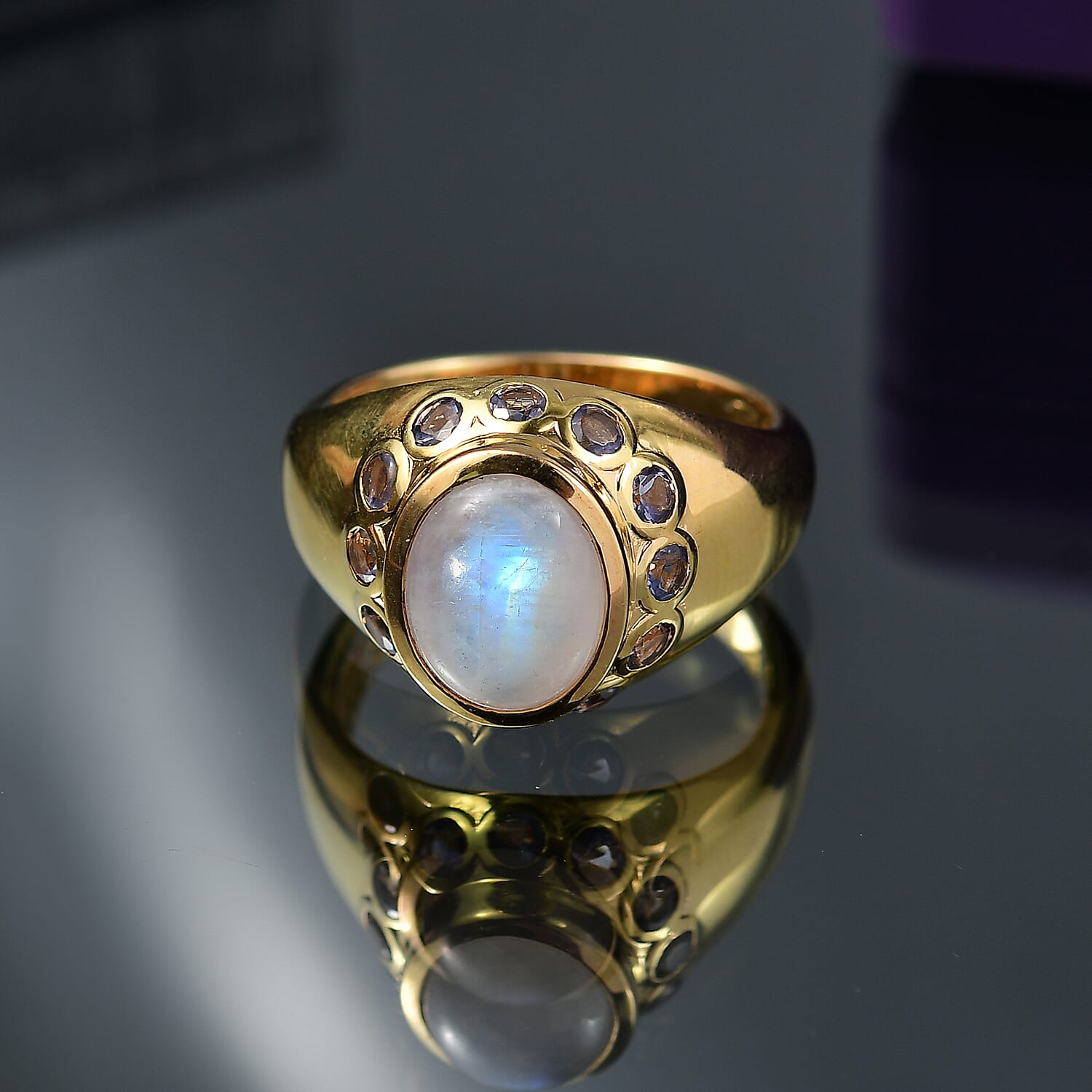 EverTrue Rainbow Moonstone ,  Iolite  Solitaire Ring in 18K YG Plating Pure Yellow Brass 3.86 ctw