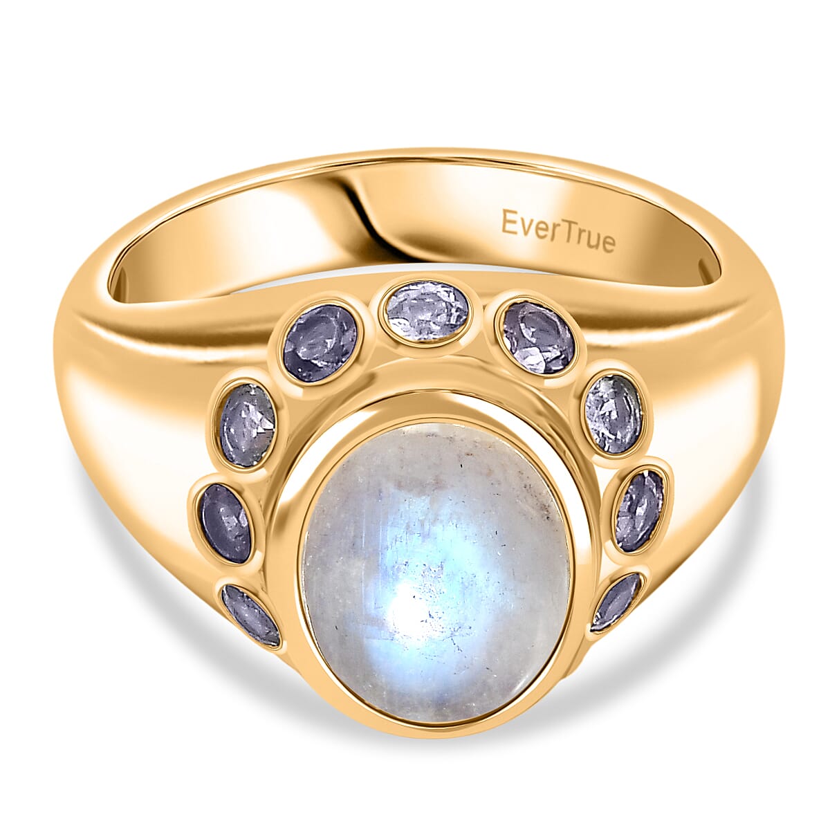 EverTrue Rainbow Moonstone ,  Iolite  Solitaire Ring in 18K YG Plating Pure Yellow Brass 3.86 ctw
