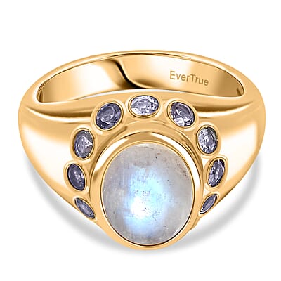 EverTrue Rainbow Moonstone ,  Iolite  Solitaire Ring in 18K YG Plating Pure Yellow Brass 3.86 ctw