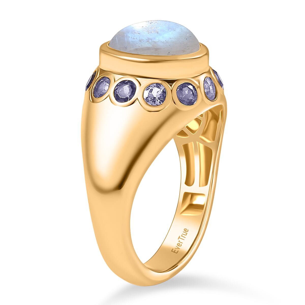 EverTrue Rainbow Moonstone ,  Iolite  Solitaire Ring in 18K YG Plating Pure Yellow Brass 3.86 ctw