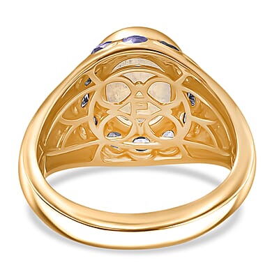 EverTrue Rainbow Moonstone ,  Iolite  Solitaire Ring in 18K YG Plating Pure Yellow Brass 3.86 ctw