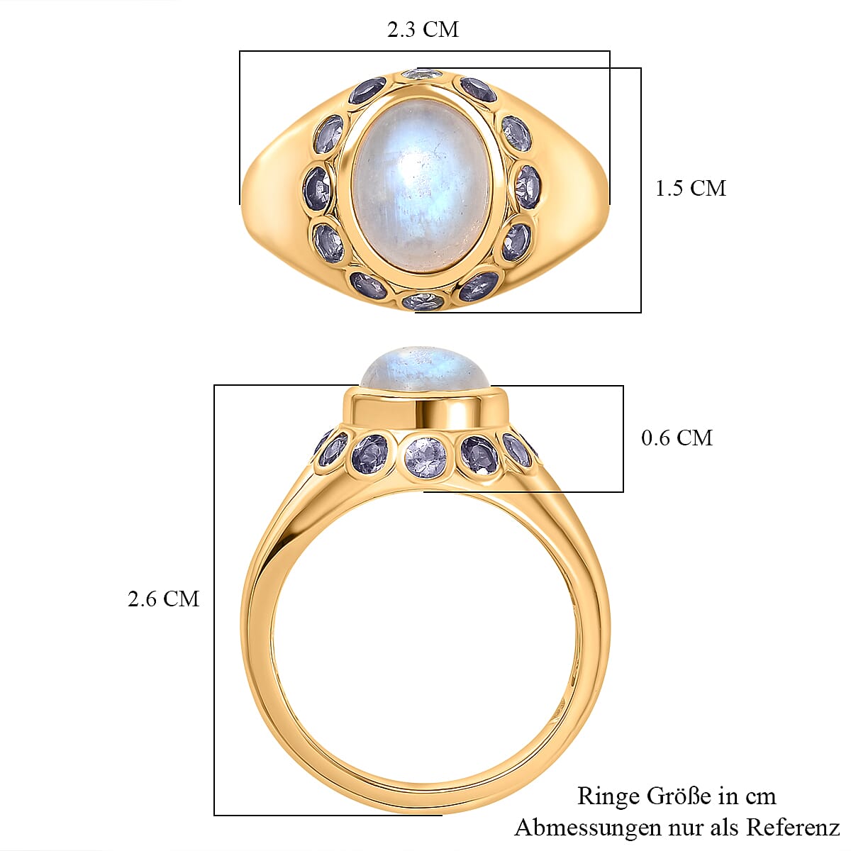 EverTrue Rainbow Moonstone ,  Iolite  Solitaire Ring in 18K YG Plating Pure Yellow Brass 3.86 ctw
