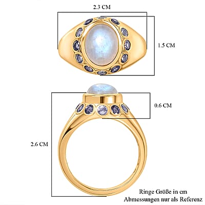 EverTrue Rainbow Moonstone ,  Iolite  Solitaire Ring in 18K YG Plating Pure Yellow Brass 3.86 ctw
