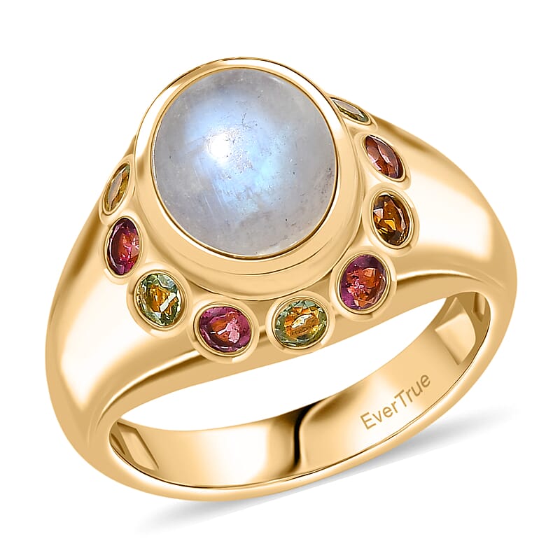 EverTrue Rainbow Moonstone ,  Multi-Tourmaline  Solitaire Ring in 18K YG Plating Pure Yellow Brass 3.86 ctw