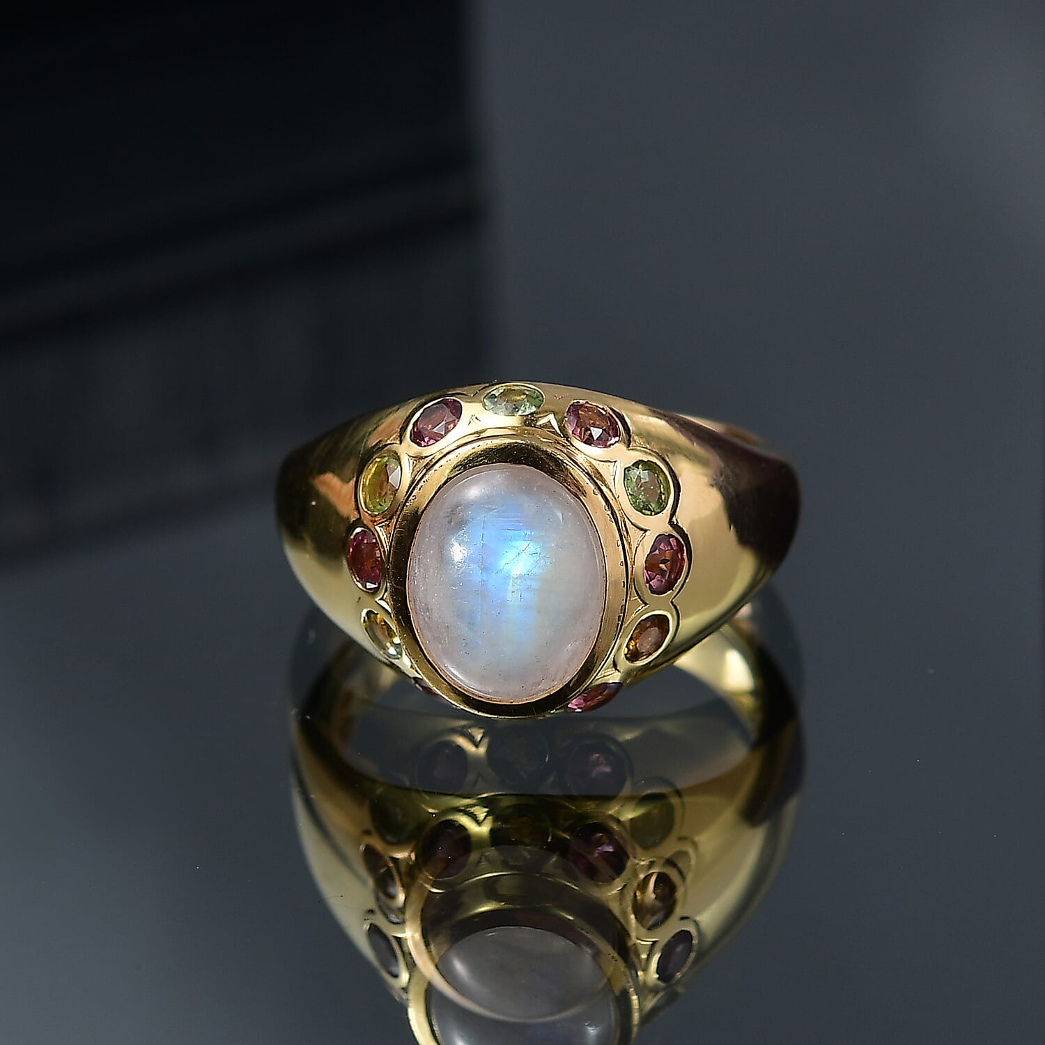 EverTrue Rainbow Moonstone ,  Multi-Tourmaline  Solitaire Ring in 18K YG Plating Pure Yellow Brass 3.86 ctw
