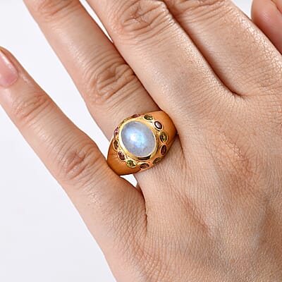 EverTrue Rainbow Moonstone ,  Multi-Tourmaline  Solitaire Ring in 18K YG Plating Pure Yellow Brass 3.86 ctw