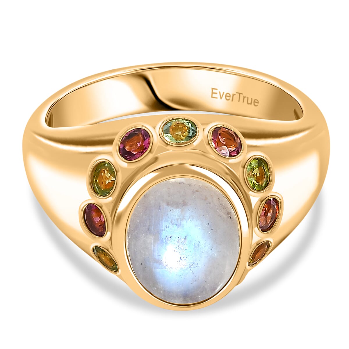 EverTrue Rainbow Moonstone ,  Multi-Tourmaline  Solitaire Ring in 18K YG Plating Pure Yellow Brass 3.86 ctw