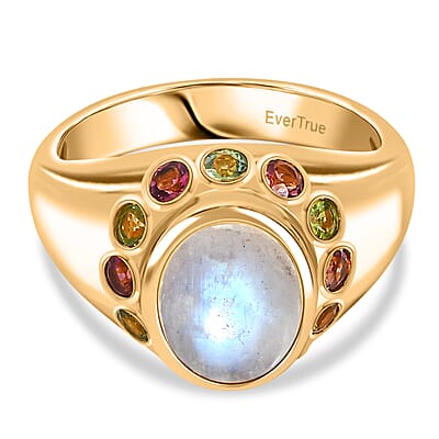 EverTrue Rainbow Moonstone ,  Multi-Tourmaline  Solitaire Ring in 18K YG Plating Pure Yellow Brass 3.86 ctw