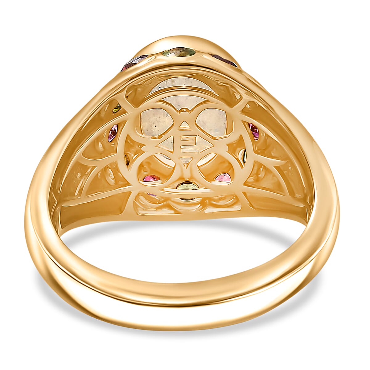 EverTrue Rainbow Moonstone ,  Multi-Tourmaline  Solitaire Ring in 18K YG Plating Pure Yellow Brass 3.86 ctw