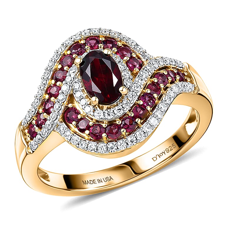 D'Joy Premium Anthill Garnet and Moissanite 1.40 ctw Love Flow Ring in 18K Vermeil Yellow Gold Over Sterling Silver (Size 7.0)
