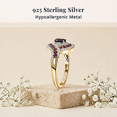 D'Joy Premium Anthill Garnet and Moissanite 1.40 ctw Love Flow Ring in 18K Vermeil Yellow Gold Over Sterling Silver (Size 7.0)