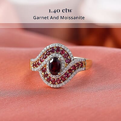 D'Joy Premium Anthill Garnet and Moissanite 1.40 ctw Love Flow Ring in 18K Vermeil Yellow Gold Over Sterling Silver (Size 8.0)