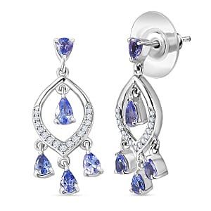 D'Joy Tanzanite and White Zircon 1.90 ctw Chandelier Earrings in Rhodium Over Sterling Silver