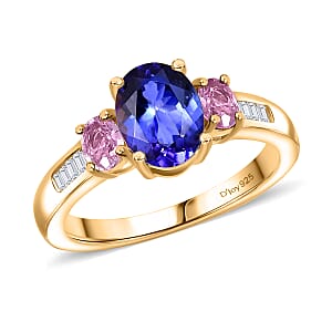 D'Joy Premium Tanzanite, Mahenge Spinel and Diamond 1.80 ctw Trinity Fire Ring in 18K Vermeil Yellow Gold Over Sterling Silver (Size 10.0)