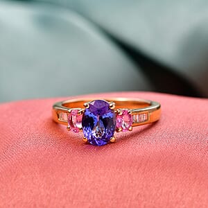 D'Joy Premium Tanzanite, Mahenge Spinel and Diamond 1.80 ctw Trinity Fire Ring in 18K Vermeil Yellow Gold Over Sterling Silver (Size 10.0)