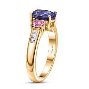 D'Joy Premium Tanzanite, Mahenge Spinel and Diamond 1.80 ctw Trinity Fire Ring in 18K Vermeil Yellow Gold Over Sterling Silver (Size 10.0)