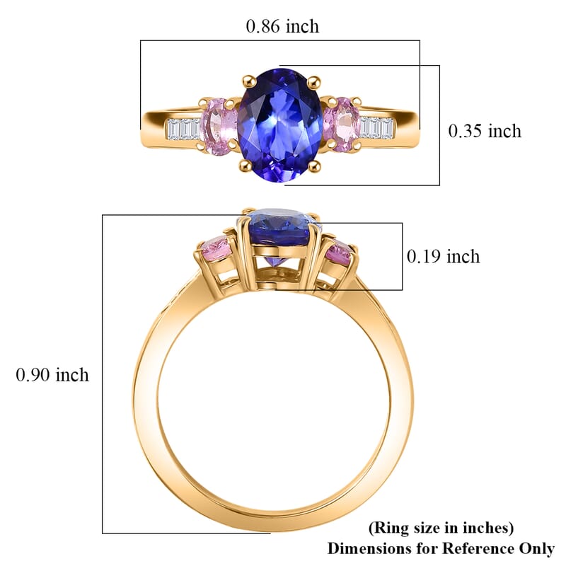 D'Joy Premium Tanzanite, Mahenge Spinel and Diamond 1.80 ctw Trinity Fire Ring in 18K Vermeil Yellow Gold Over Sterling Silver (Size 10.0)