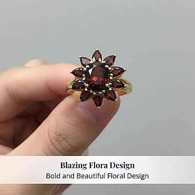 D'Joy Premium Mozambique Garnet 5.00 ctw Blazing Floral Ring in 18K Vermeil Yellow Gold Over Sterling Silver (Size 10.0)