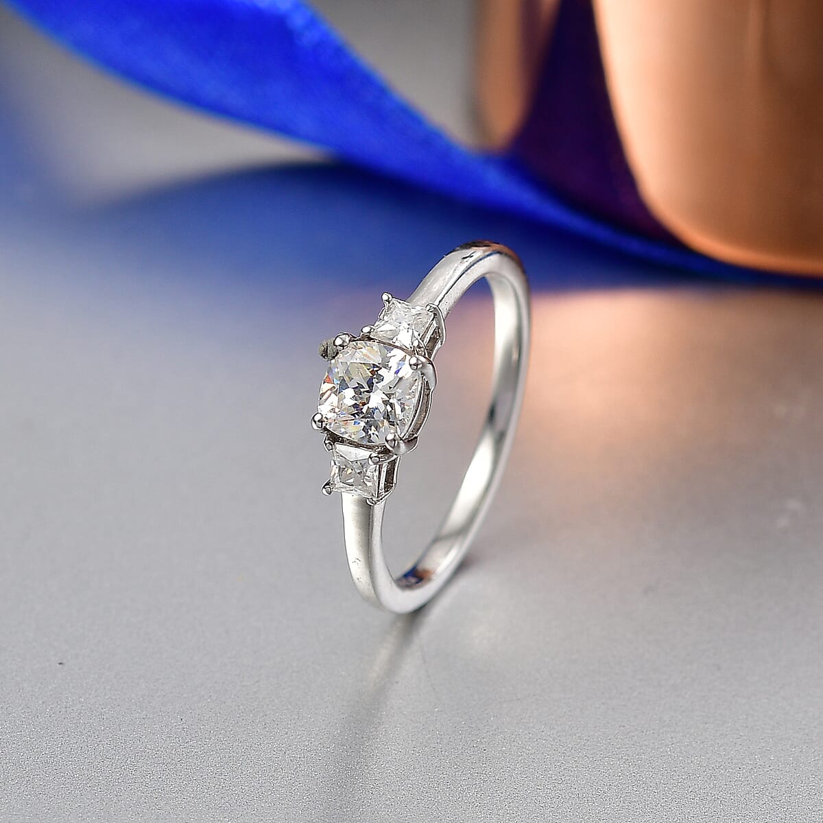 D'Joy Strontium Titanate and Moissanite 1.00 ctw 3 Stone Ring in Rhodium Over Sterling Silver (Size 10.0) image number 1