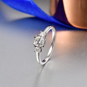 D'Joy Strontium Titanate and Moissanite 1.00 ctw 3 Stone Ring in Rhodium Over Sterling Silver (Size 10.0)