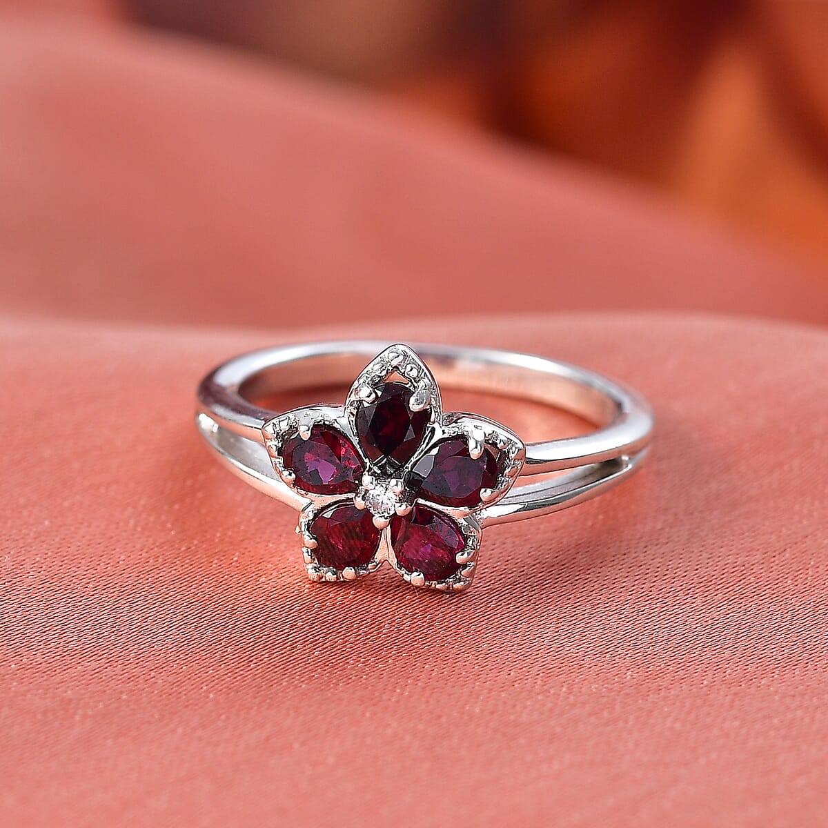 D'Joy Premium Anthill Garnet and Moissanite 1.15 ctw Flower Ring in Rhodium Over Sterling Silver (Size 10.0) image number 1