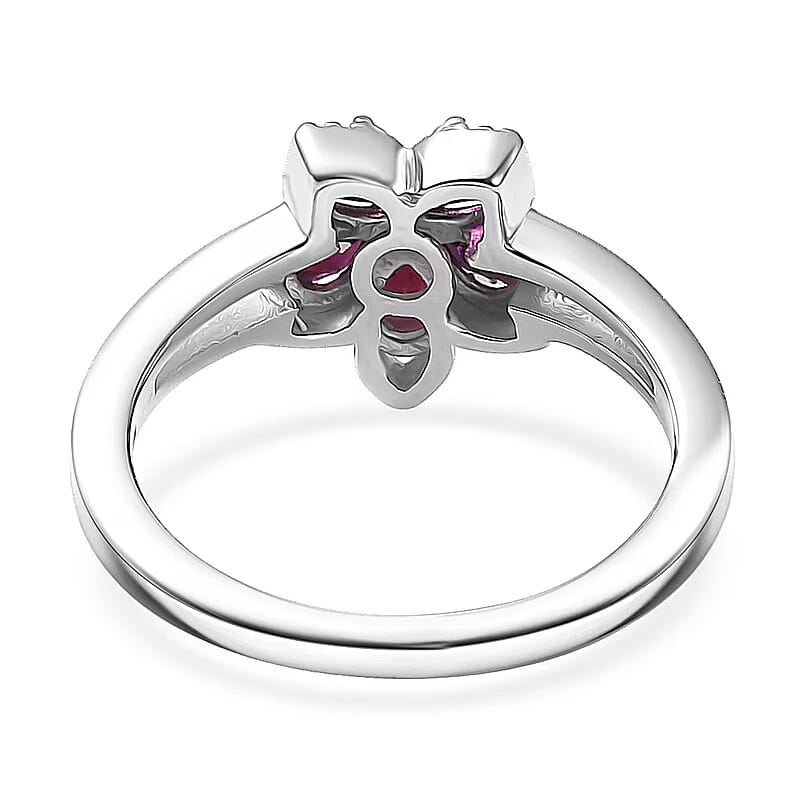 D'Joy Premium Anthill Garnet and Moissanite 1.15 ctw Flower Ring in Rhodium Over Sterling Silver (Size 10.0)