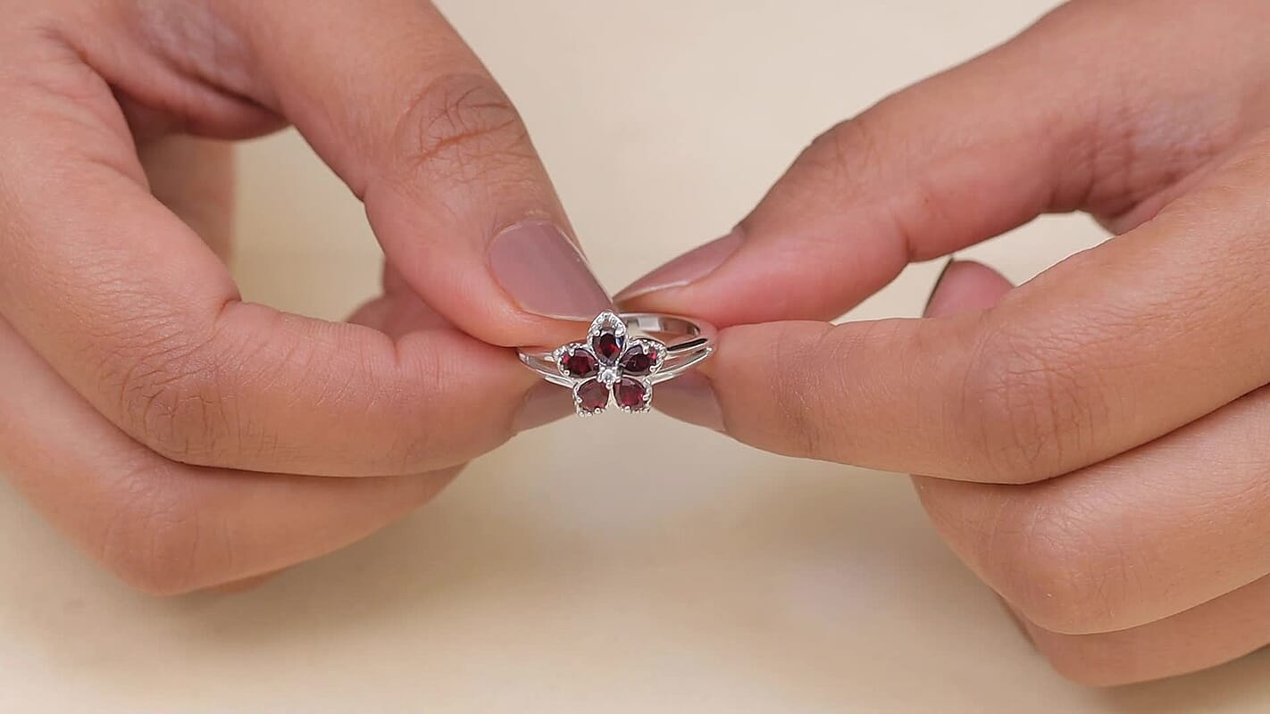 D'Joy Premium Anthill Garnet, Moissanite Ring in Rhodium Over Sterling Silver (Size 10.0) 1.15 ctw