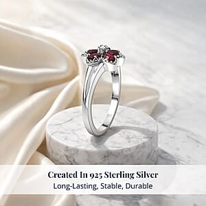 D'Joy Premium Anthill Garnet and Moissanite 1.15 ctw Flower Ring in Rhodium Over Sterling Silver (Size 6.0)