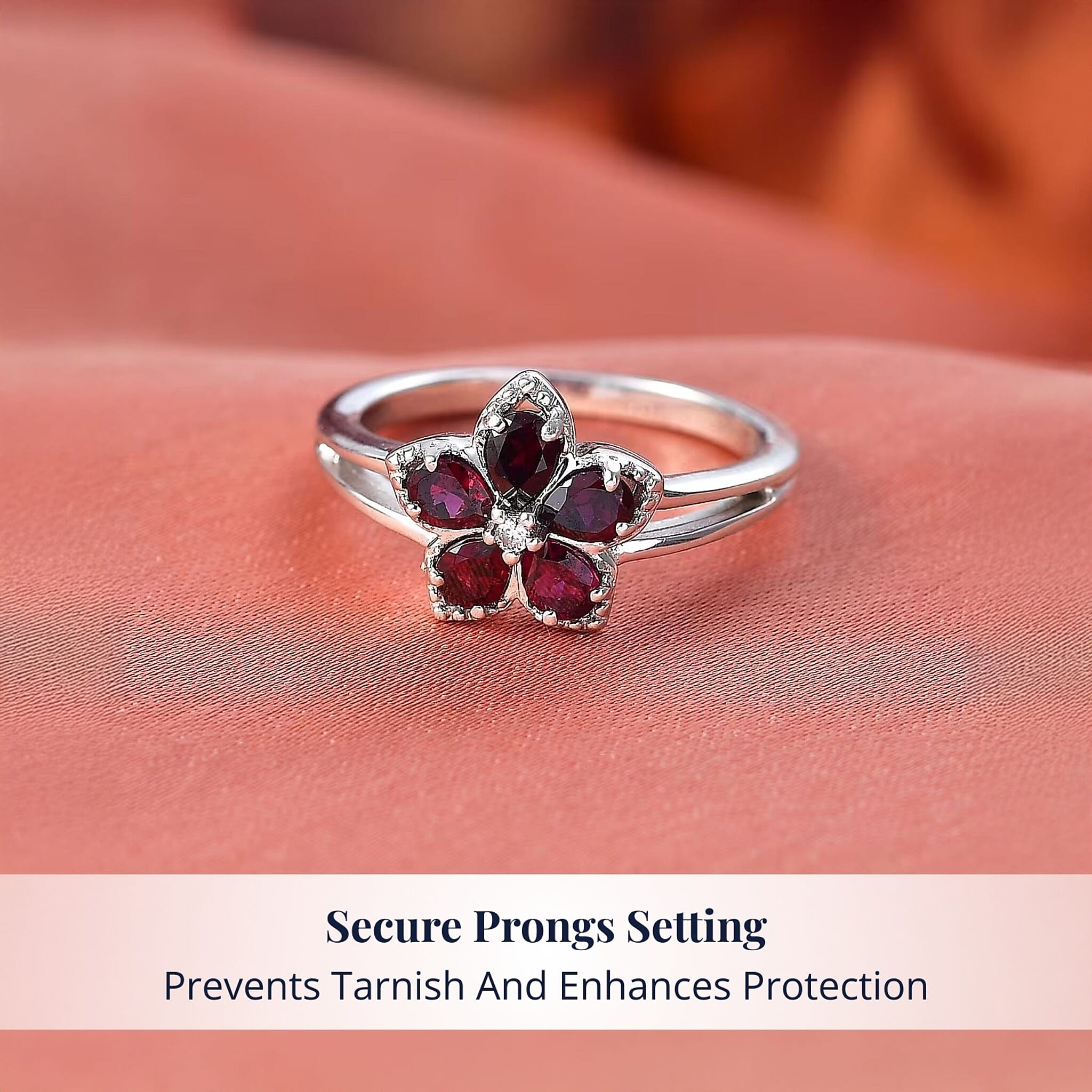 D'Joy Premium Anthill Garnet and Moissanite 1.15 ctw Flower Ring in Rhodium Over Sterling Silver (Size 6.0)