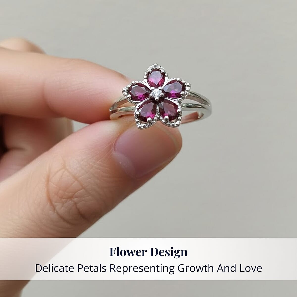 D'Joy Premium Anthill Garnet and Moissanite 1.15 ctw Flower Ring in Rhodium Over Sterling Silver (Size 8.0) image number 4