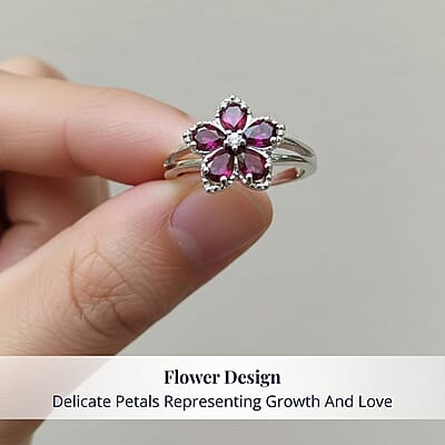 D'Joy Premium Anthill Garnet and Moissanite 1.15 ctw Flower Ring in Rhodium Over Sterling Silver (Size 8.0)