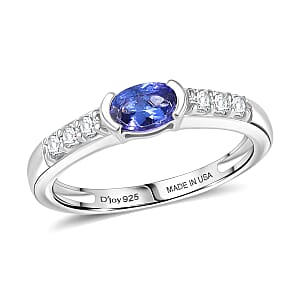 D'Joy Tanzanite, White Zircon Royal Blue Band Ring in Rhodium Over Sterling Silver (Size 10.0) 0.80 ctw