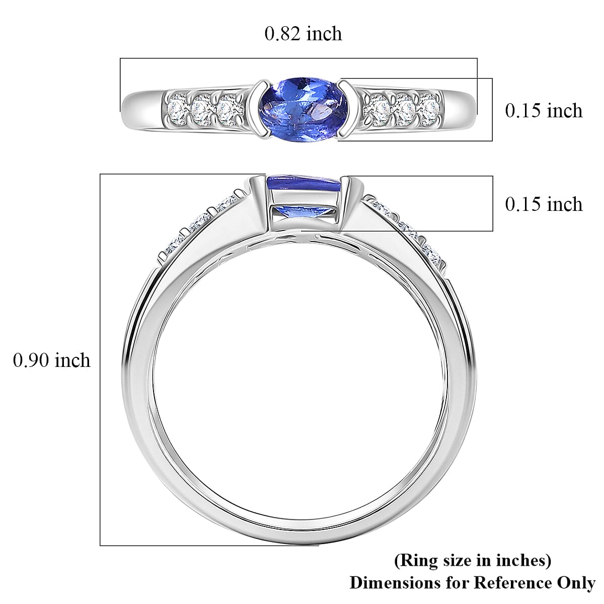 D'Joy Tanzanite and White Zircon 0.80 ctw Royal Blue Band Ring in Rhodium Over Sterling Silver (Size 6.0)