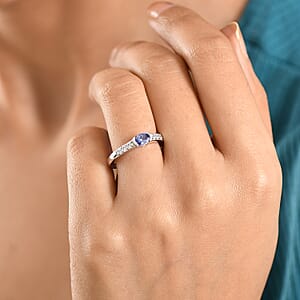 D'Joy Tanzanite and White Zircon 0.80 ctw Royal Blue Band Ring in Rhodium Over Sterling Silver (Size 7.0)