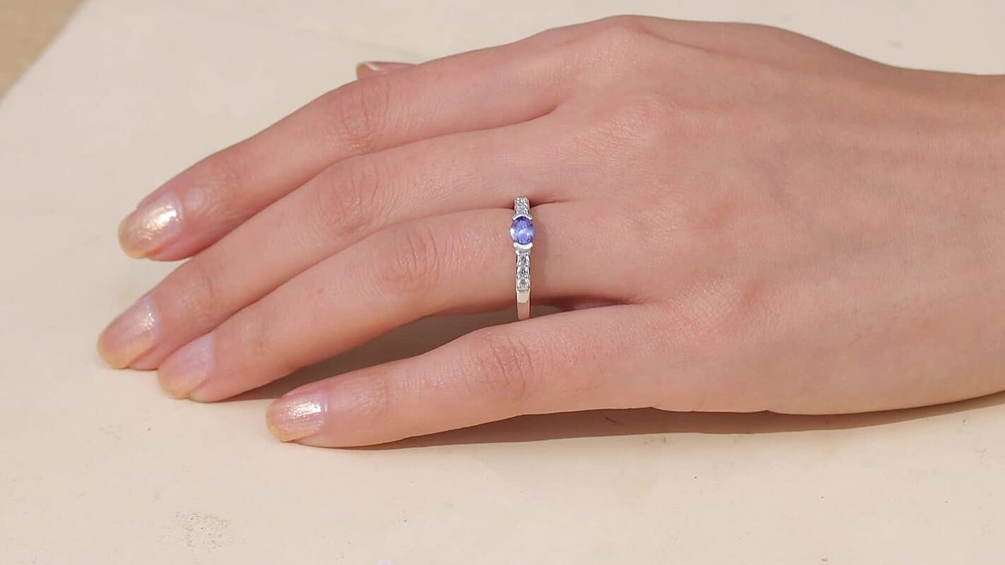 D'Joy Tanzanite, White Zircon Royal Blue Band Ring in Rhodium Over Sterling Silver (Size 10.0) 0.80 ctw