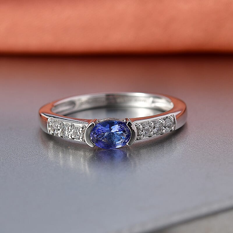 D'Joy Tanzanite and White Zircon 0.80 ctw Royal Blue Band Ring in Rhodium Over Sterling Silver (Size 9.0)