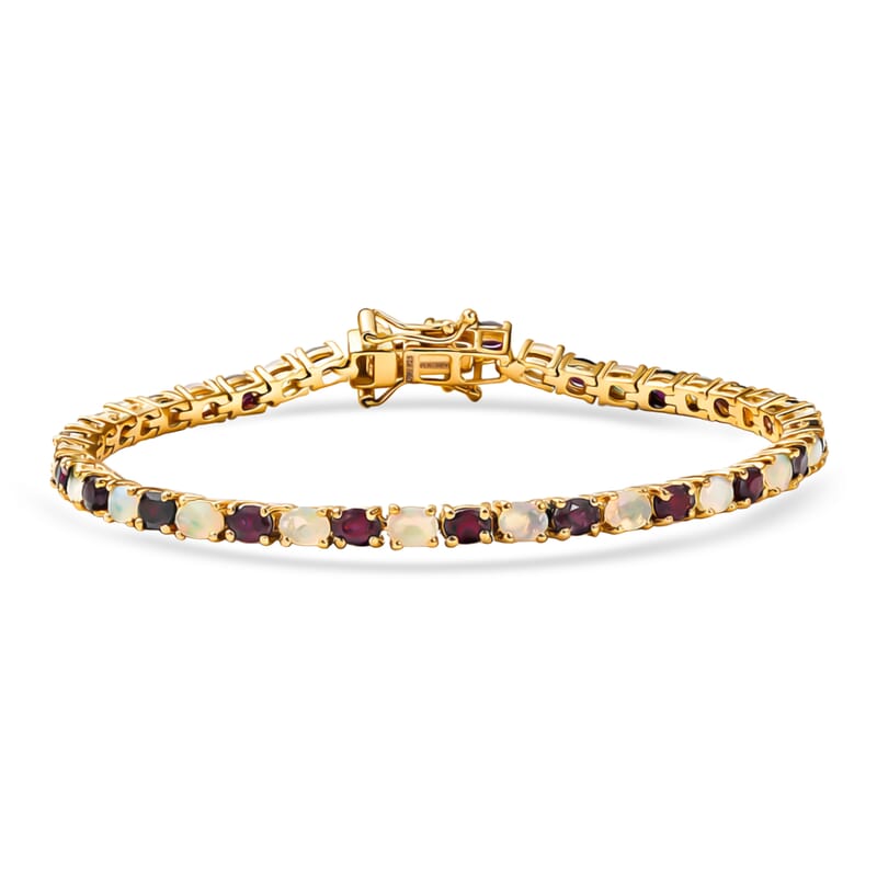 D'Joy Premium Anthill Garnet and Ethiopian Welo Opal 6.40 ctw Heart of Earth & Light Bracelet in 18K Vermeil Yellow Gold Over Sterling Silver (7.25 In)