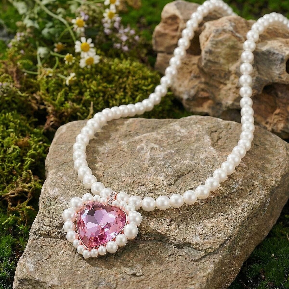 Pink Glass, Multi Gemstone Heart Necklace in Rosetone (20 Inches) image number 1