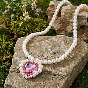 Pink Glass, Multi Gemstone Heart Necklace in Rosetone (20 Inches)