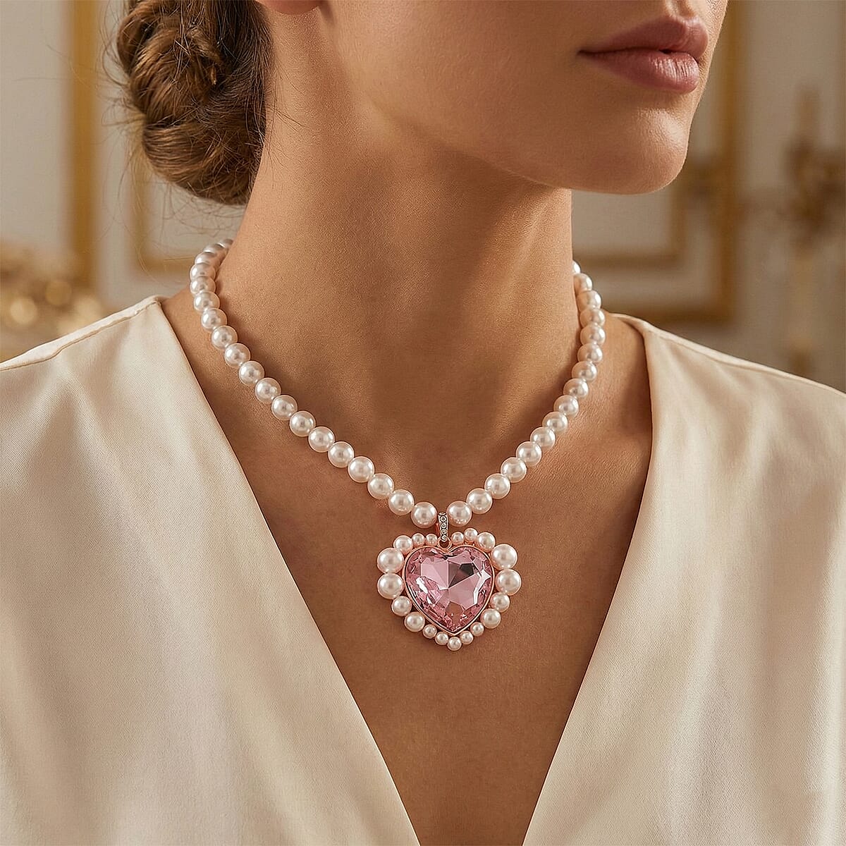 Pink Glass, Multi Gemstone Heart Necklace in Rosetone (20 Inches) image number 2