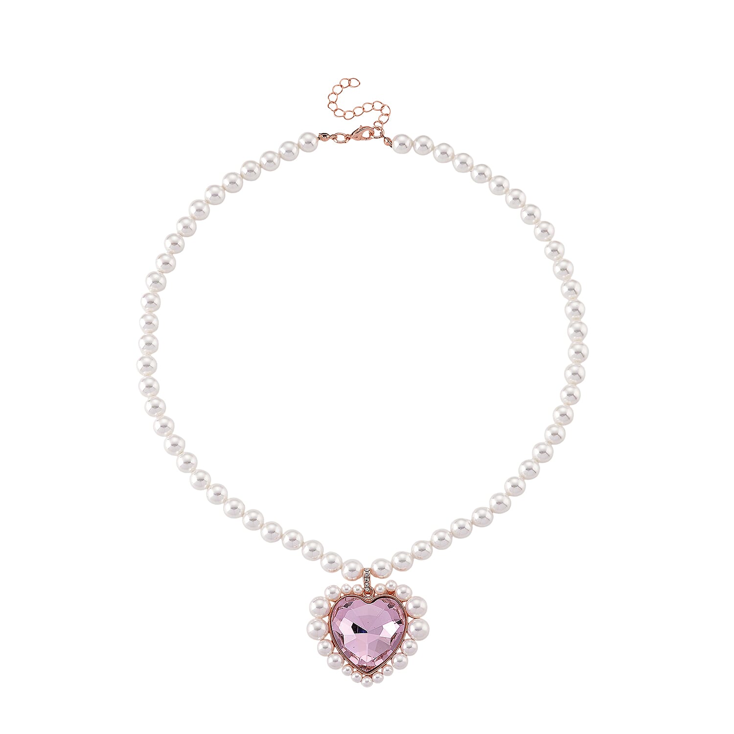 Pink Glass, Multi Gemstone Heart Necklace in Rosetone (20 Inches)