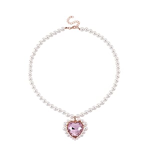 Pink Glass, Multi Gemstone Heart Necklace in Rosetone (20 Inches)